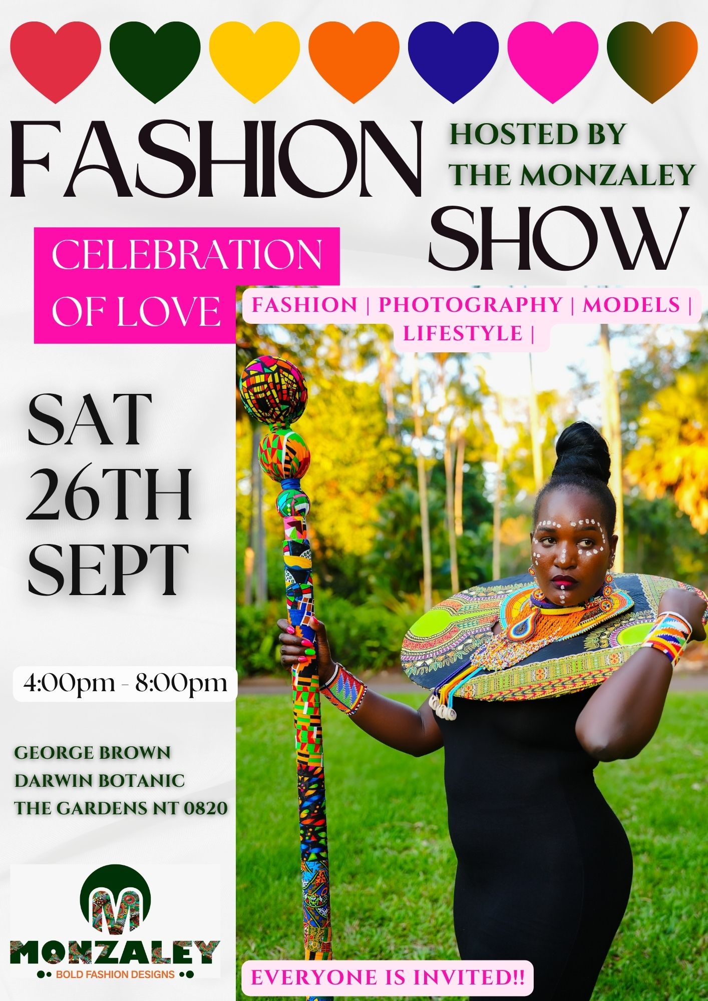 The Monzaley Fashion Show poster — Saturday 26 September 2026, 4–8pm, George Brown Darwin Botanic Gardens, The Gardens NT